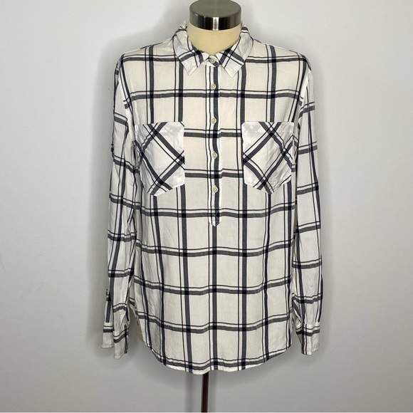 A New Day Navy Plaid Half Button Front Shirt - Picture 1 of 6